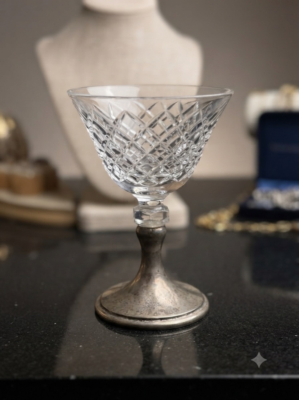 Antique Hawkes Sterling Silver & Cut Crystal Tazza / Champagne Coupe